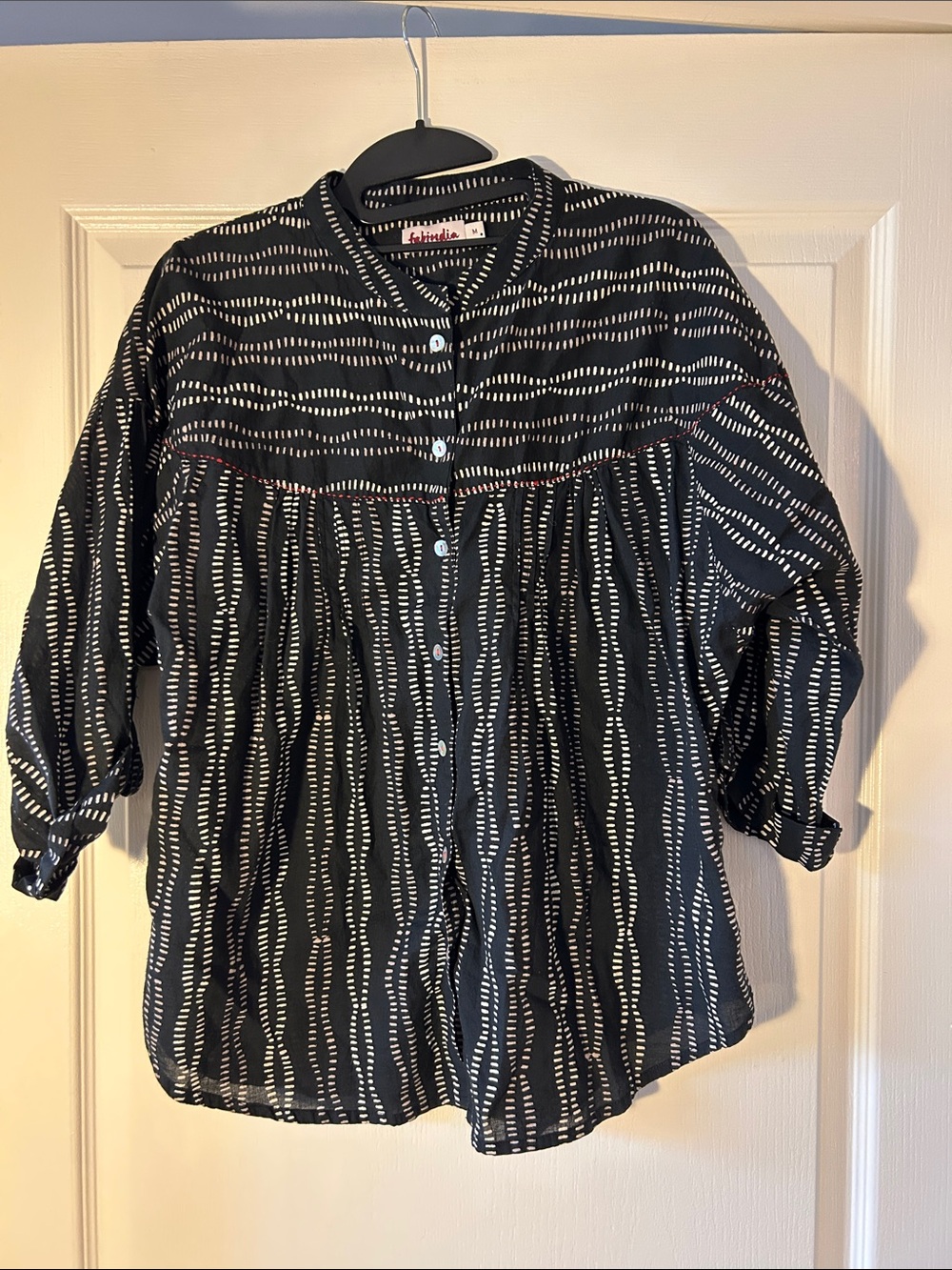 fabindia Black Blouse with White Linear Dot Stripes